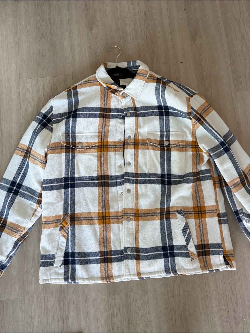 Aeropostale Quilted-Lined Plaid Shacket in Cream, Navy & Mustard